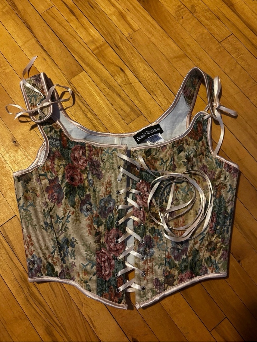 Floral Tapestry Lace-Up Corset Tank Top - Beige Multi